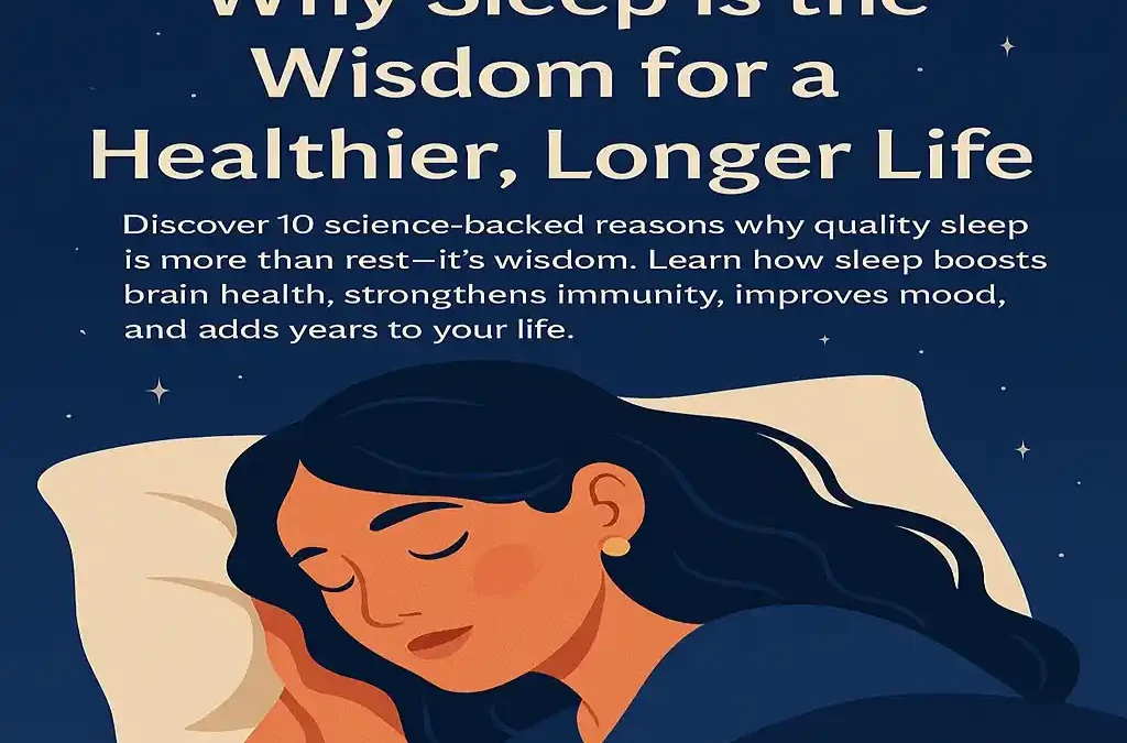 "Digital illustration showing a peaceful person sleeping under stars and moon, symbolizing the wisdom of sleep for better health and life."
