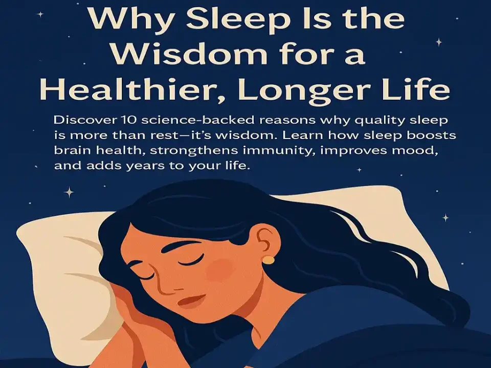 "Digital illustration showing a peaceful person sleeping under stars and moon, symbolizing the wisdom of sleep for better health and life."