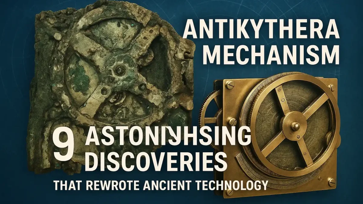 "Digital illustration of the Antikythera Mechanism, the ancient Greek astronomical device, representing its mysterious gears and historical significance."