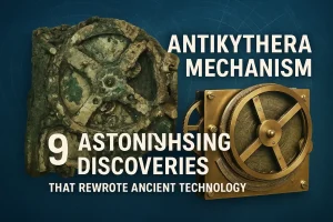 "Digital illustration of the Antikythera Mechanism, the ancient Greek astronomical device, representing its mysterious gears and historical significance."
