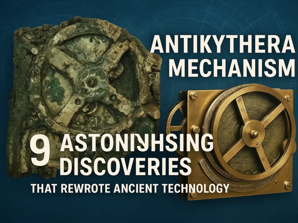 "Digital illustration of the Antikythera Mechanism, the ancient Greek astronomical device, representing its mysterious gears and historical significance."