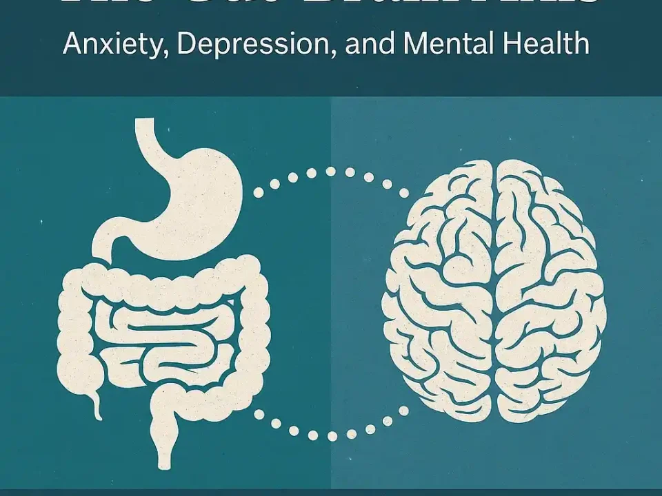 "The Gut-Brain Axis illustration showing the connection between gut microbiome and mental health