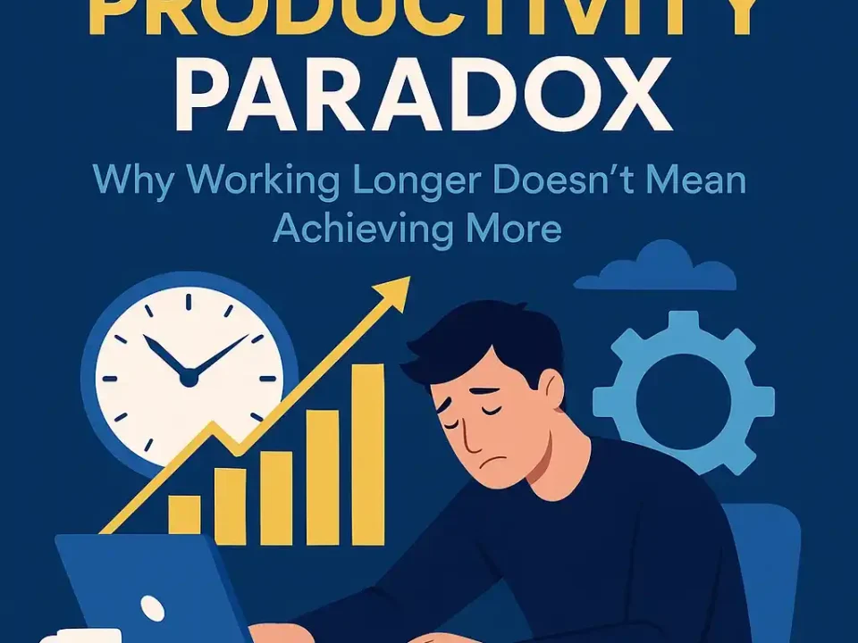 "Flat-style digital illustration showing the Productivity Paradox, with a clock, exhausted worker at desk, and icons of time, stress, and efficiency, symbolizing how working longer hours does not always increase productivity."