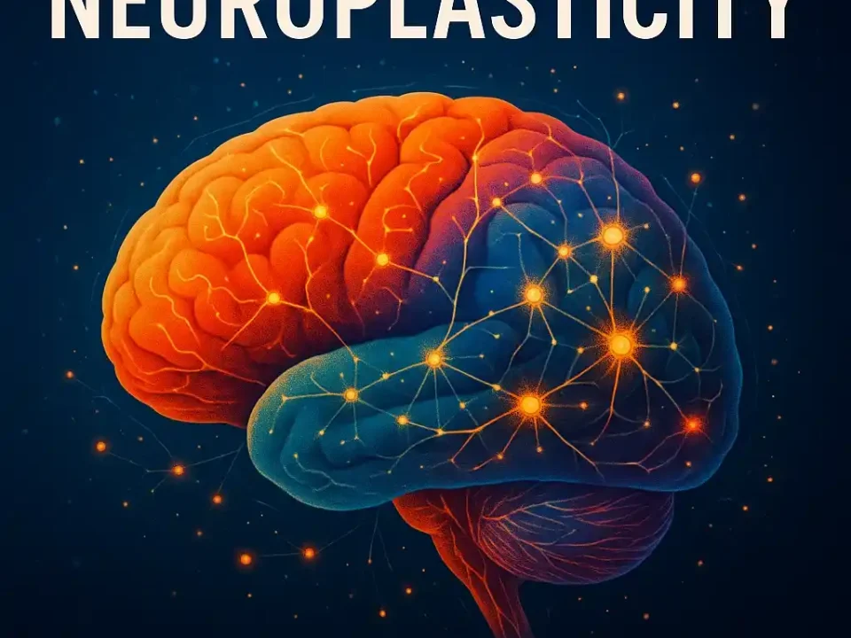 Neuroplasticity and brain rewiring illustration showing glowing neural connections for learning, memory, and recovery