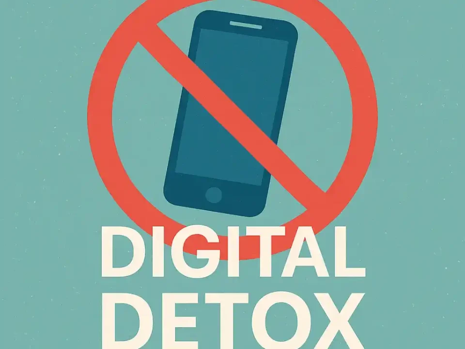 Digital Detox illustration showing a person disconnecting from devices to improve focus and mental well-being