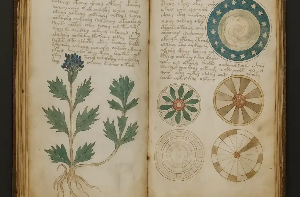 "An open spread of the Voynich Manuscript showing mysterious botanical drawings, circular astronomical diagrams, and undeciphered text on aged parchment."