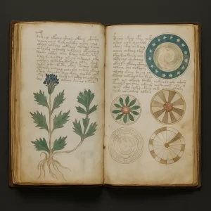 "An open spread of the Voynich Manuscript showing mysterious botanical drawings, circular astronomical diagrams, and undeciphered text on aged parchment."