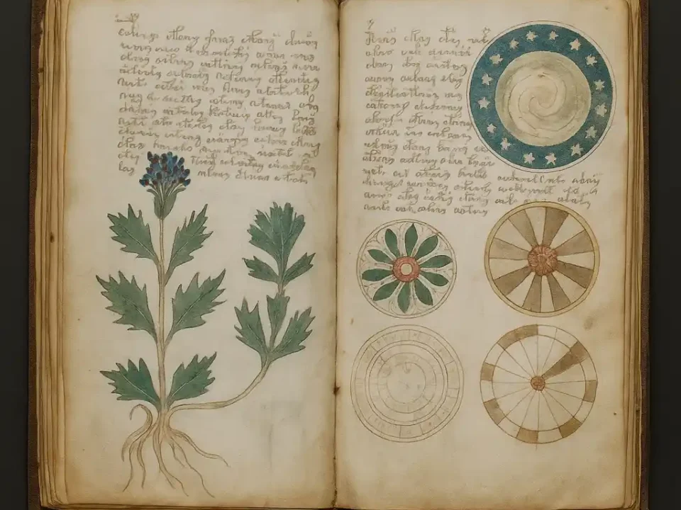"An open spread of the Voynich Manuscript showing mysterious botanical drawings, circular astronomical diagrams, and undeciphered text on aged parchment."