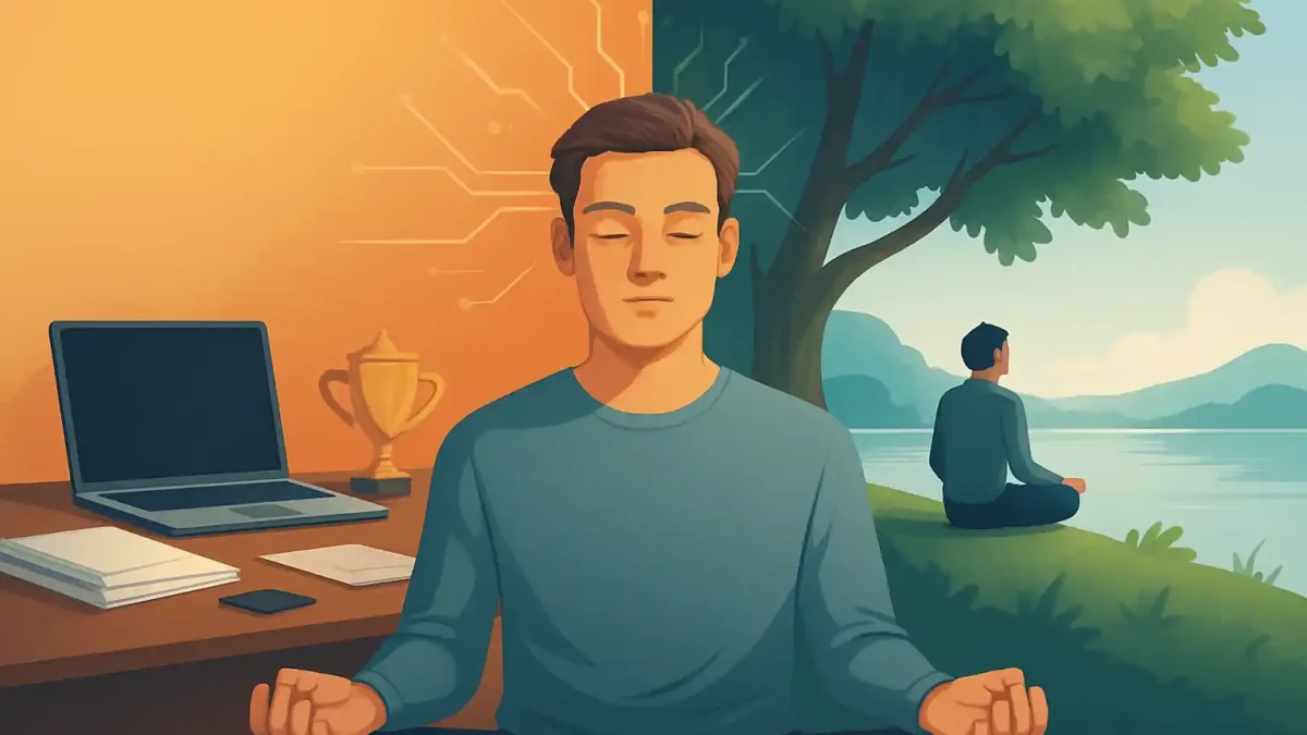 A semi-realistic digital illustration showing a young adult balancing ambition and inner peace through mindful reflection.