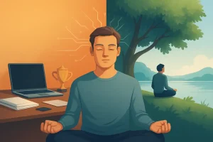 A semi-realistic digital illustration showing a young adult balancing ambition and inner peace through mindful reflection.