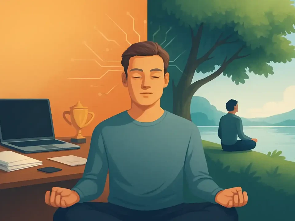 A semi-realistic digital illustration showing a young adult balancing ambition and inner peace through mindful reflection.
